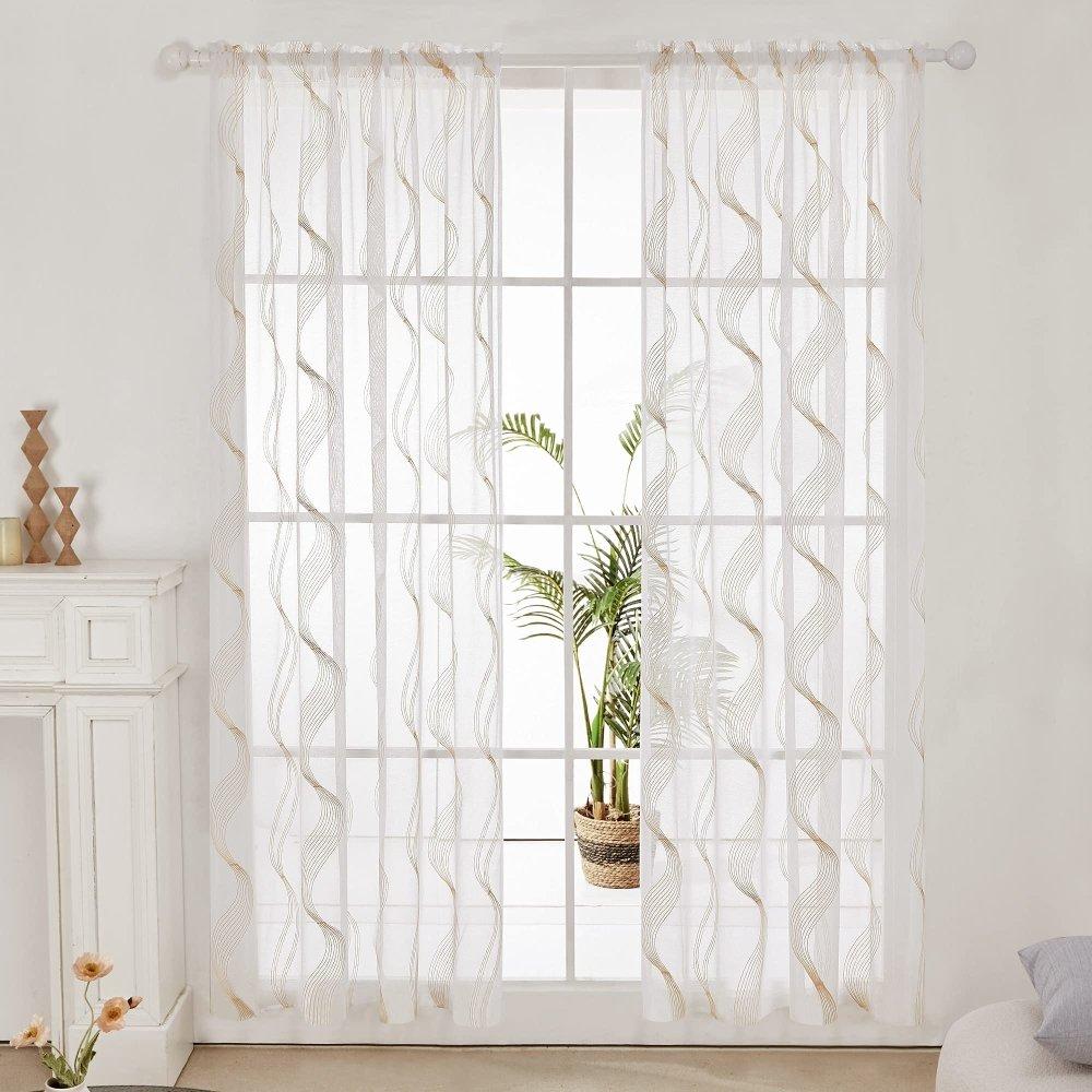 

52 in. x 96 in. Beige Elegantly Embroidered Striped Rod-Pocket Sheer Curtains (2 Panels) белый
