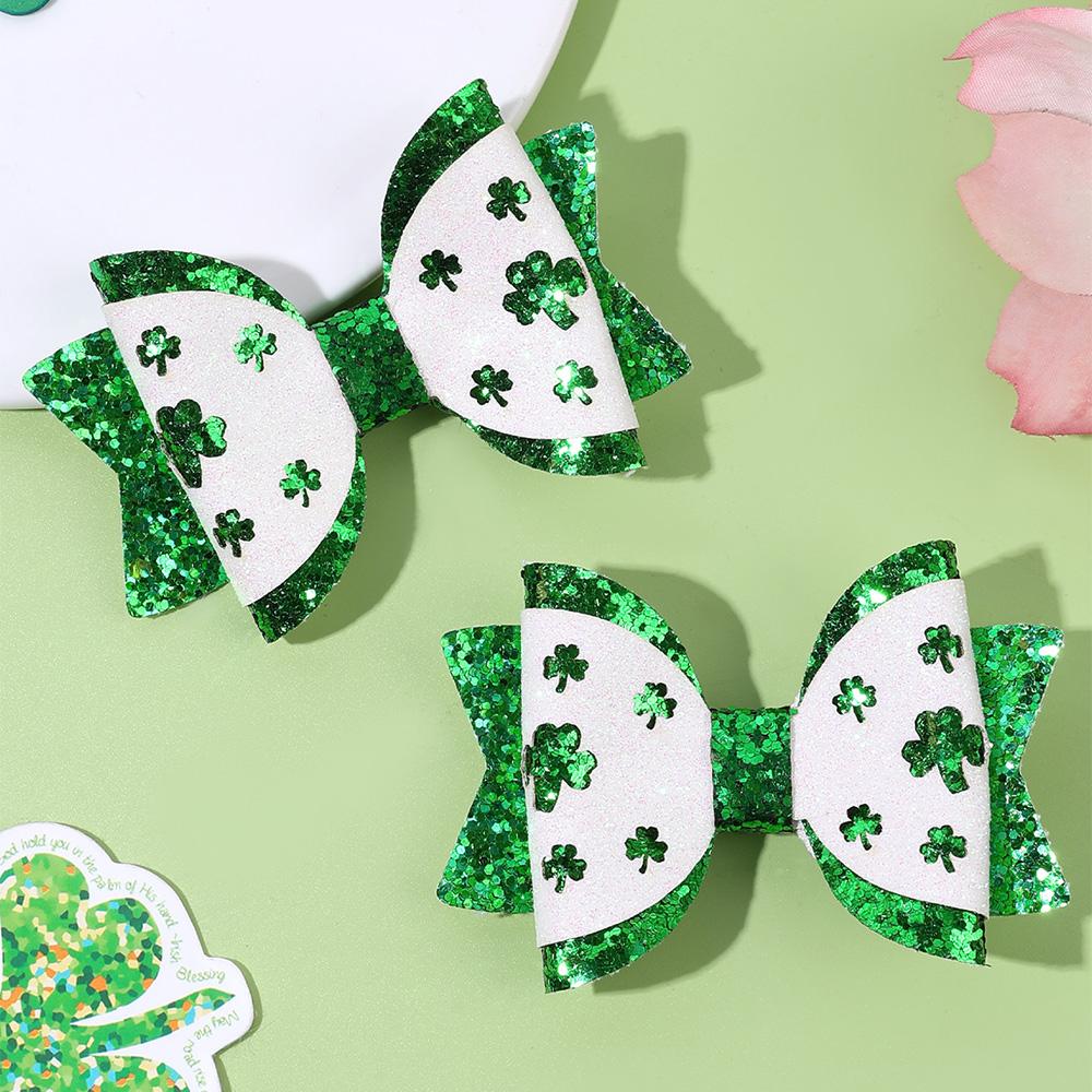 2Pcs Easter Clover Bow Hair Clip Sparkly Green Sequins Barrette Glitter Spring Shamrock Haipins Hair Accessories Headwear