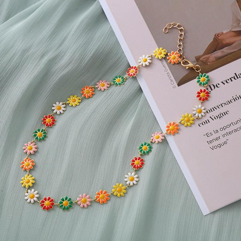 Painted Flower Choker Small Daisy Necklace Adjustable Clavicle Chain for Women Girls Handmade Bracelet Earrings Jewelry
