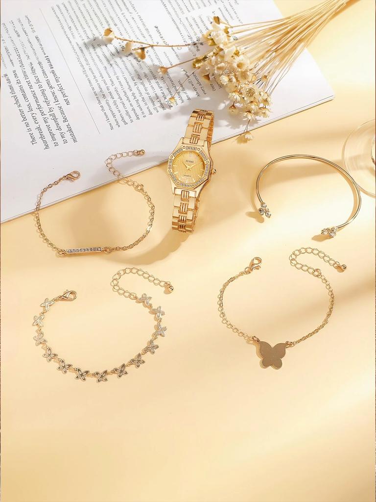 Fashionable Simple Diamond Set Dial Alloy Quartz Women's Watch Butterfly Bracelet Set of 5, Suitable for Thanksgiving and Christ