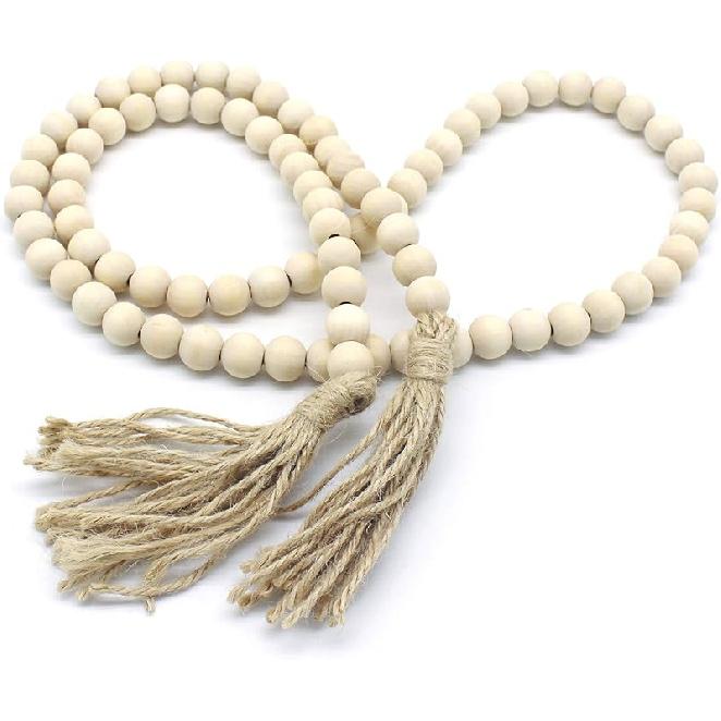 CVHOMEDECO. Wood Beads Garland with Tassels Farmhouse Rustic Wooden Prayer Bead String Wall Hanging Accent for Home Festival Decor. Mix Distressed