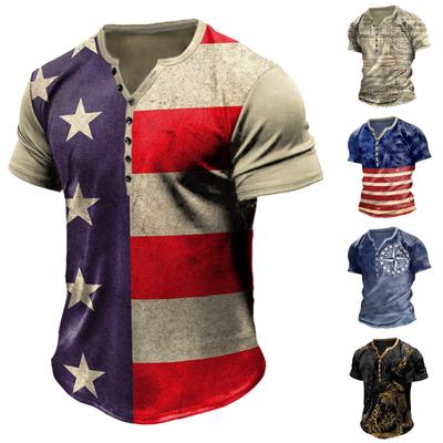 Men'S Printed T-Shirt Outdoor Retro Button Loose Short Sleeve Top
