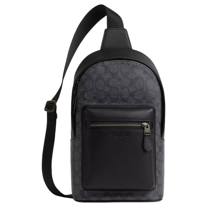 Coach West Pack 20 Metal Logo Zip Closure Coated Canvas Crossbody Chest Bag Small Men's Charcoal and Black