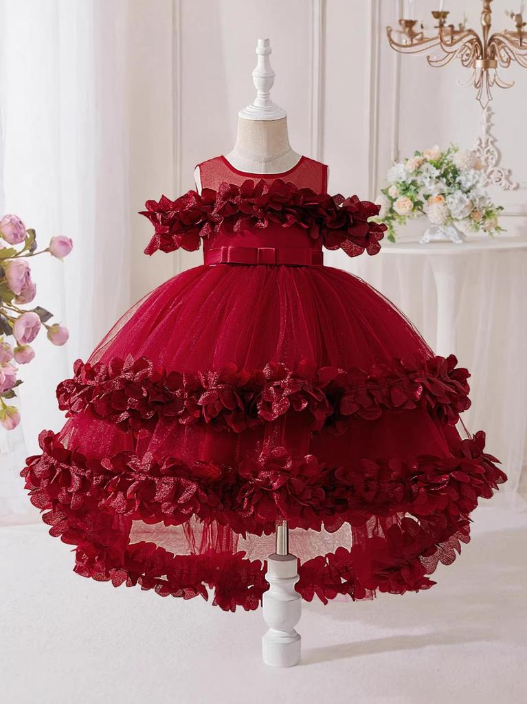 2026 Girls' Layered Flower Cake Dress: Birthday Mesh Princess Skirt, Fairy Lace Gown, Cotton