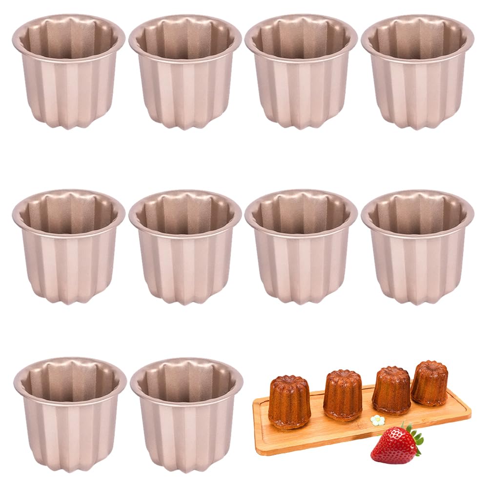 10-Piece Carbon Steel Cake and Canelé Molds, Kitchen Baking Tools, Small Pastry Molds (Gold)