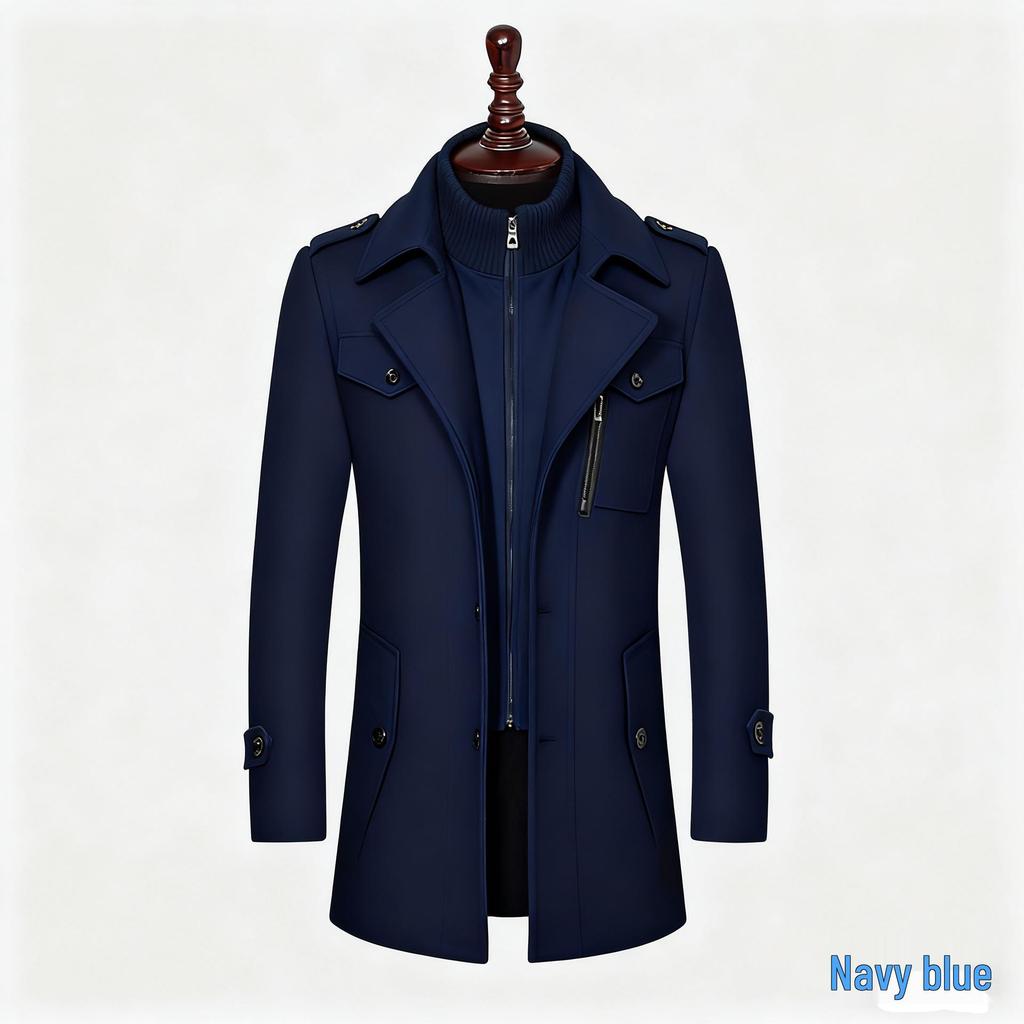 European Men's Wool Coat, Double Collar, Vertical Zipper.