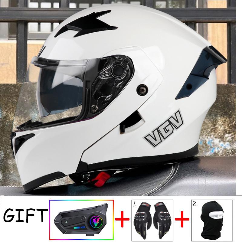 VGV Double Lens flip up helmet Openable motorcycle helmet come with wireless headset gloves headgear Value Promotional Packages