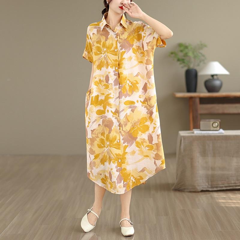 Manga corta Tallas grandes Algodón vintage floral nuevo en vestidos para mujer casual suelto vestido camisero largo de verano