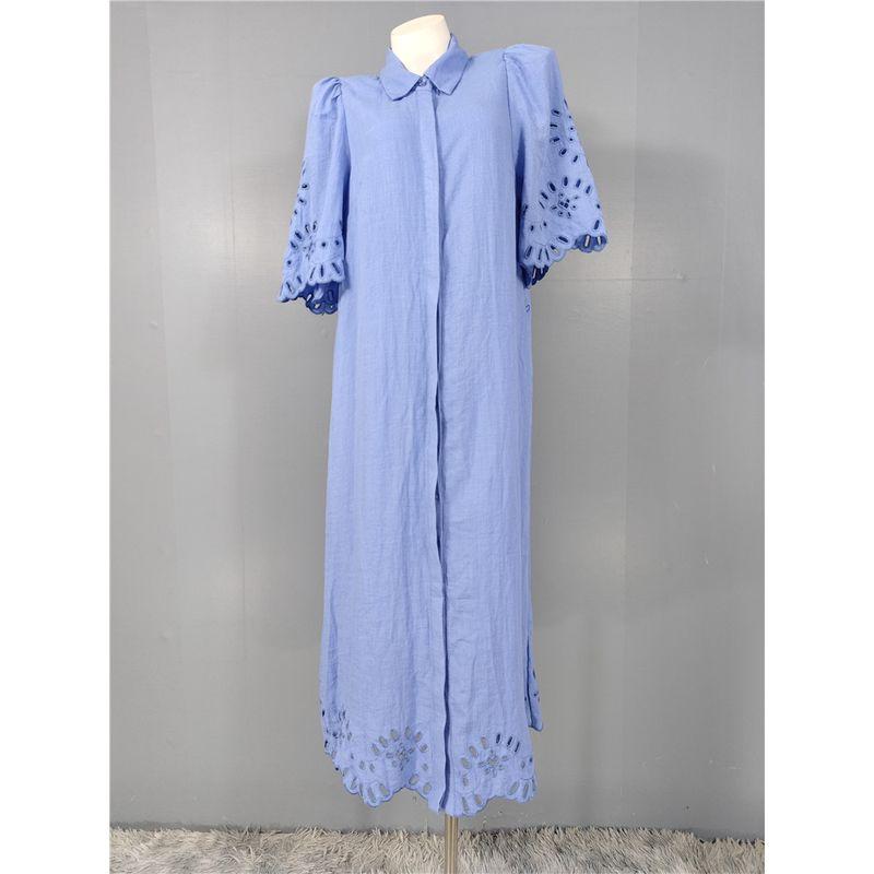 Foreign Trade Order H Home Loose Casual All-matching Comfortable Short Sleeve Breasted Hollow Embroidered Commuter Daily Personality Dress