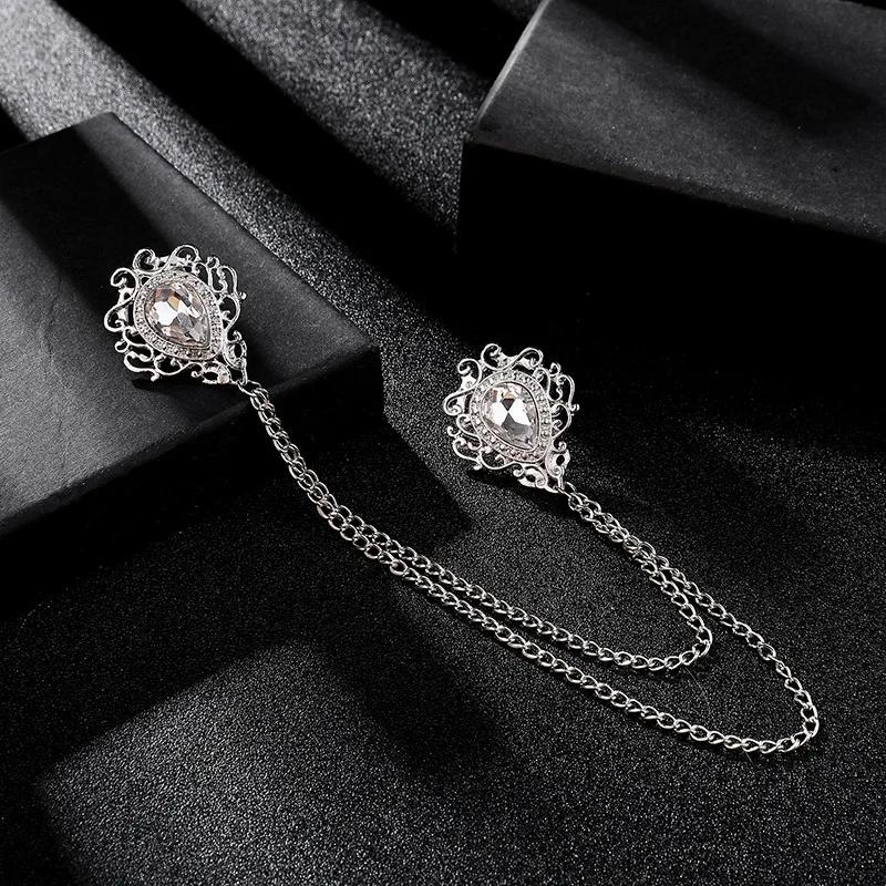 New Vintage Alloy Rhinestones Large Brooches Fashion Shawl Tassel Chain Lapel Pin Shirt Suit Jewelry for Men Wedding Accessories