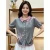Women S Summer Floral Embroidered Polo Neck Knit Top Loose Fit Short Sleeve Blouse