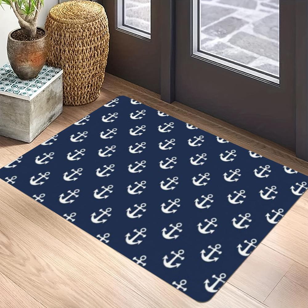Navy Blue Anchor & Sailboat Print Carpet Mat Rug for Living Room Bedroom Indoor Home Decoration Modern Nautical Design Floor Mat