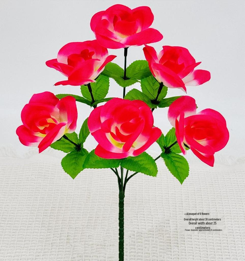 Curly Edge Red Rose Bouquet - 6 Head Artificial Silk Flowers for Living Room Decoration
