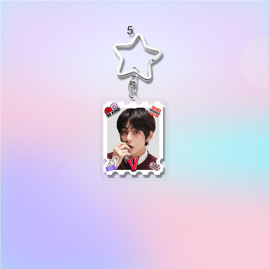 7pcs BTS Cute  Stamp Style Keychain, Bangtan Boys Photo Keyring with Star Clasp, Kpop ARMY Fans Bag Charm