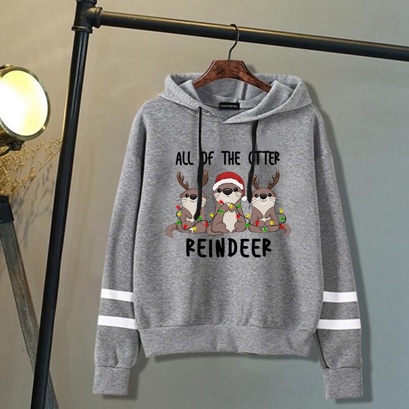 

Fashion Women Christmas All Of The Otter Reindeer Print Hooded Sweatshirt Autumn Leisure Sports Pullover S