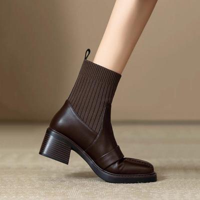 Women's Brown Knitted Chunky Heel Ankle Boots - Elastic Sock Style for Autumn/Winter