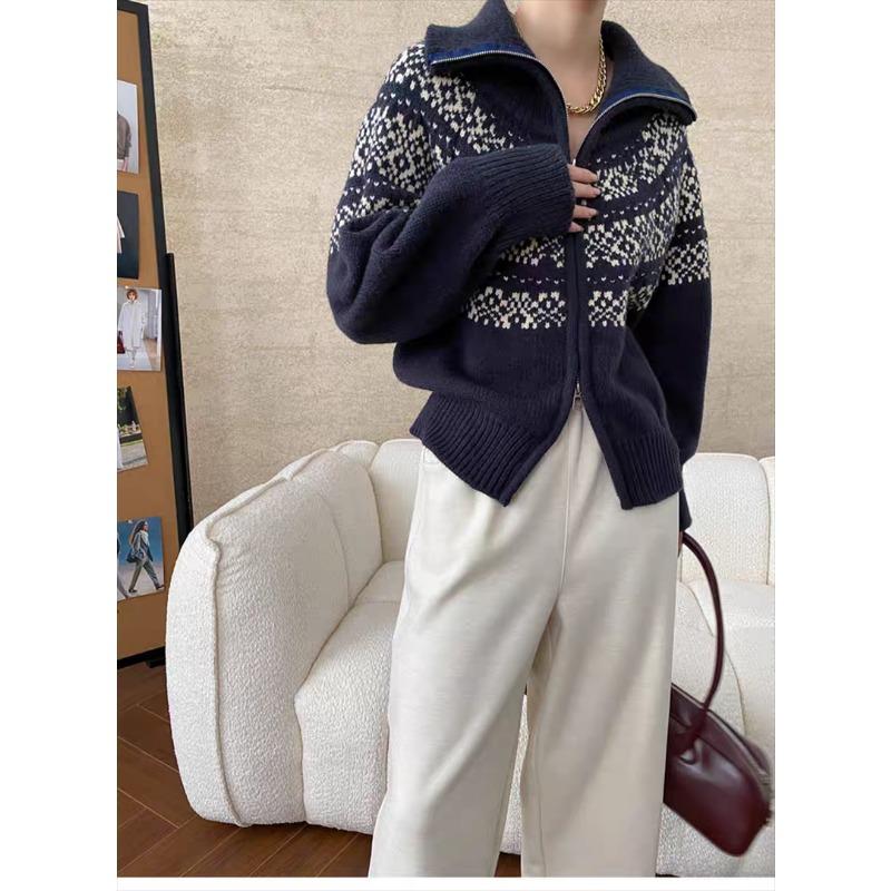 Korean Fashion Autumn Winter Zipper Cardigan Women Sweater Jacket Retro Printed Lapel Loose Knitted Coats Long Sleeve Office Fashion Elegant Clothing