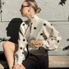 Womens High Neck Polka Dot Zip-Up Blazer Coat Loose Fit Office Chic Winter Outwear