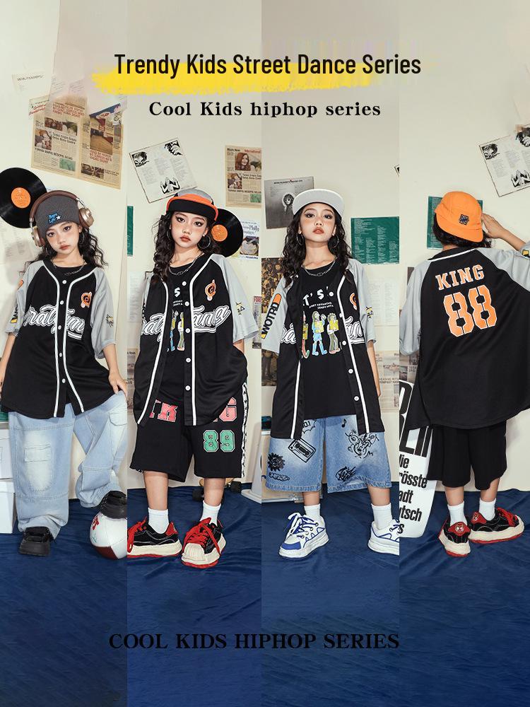 Modny hip-hopowy zestaw uniformów baseballowych dla dzieci - Krótki rękaw, letni kostium na występy dla chłopców i dziewcząt