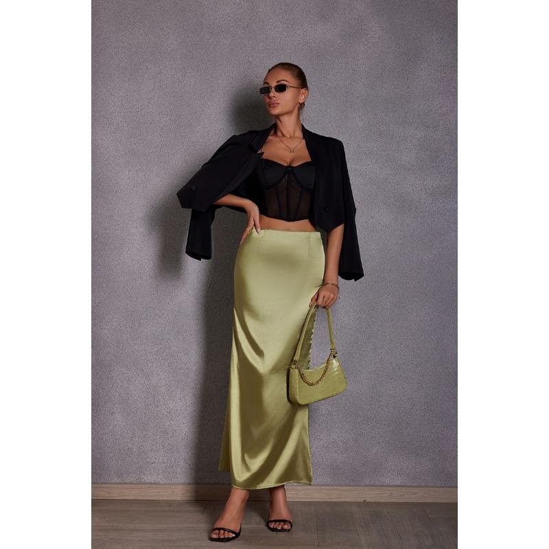 

2025 Весна и лето атласная юбка «рыбий хвост» женская мода элегантные бедра юбки А-силуэта женские однотонные офисные повседневные простые женские одежда 3424 L оливковый