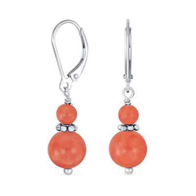 Gemstone Natural Orange Peach Coral Boho Bali Milgrain Beaded Rondelle Separator Double Ball Round Drop Beveled Earrings For Women Teen Sterling