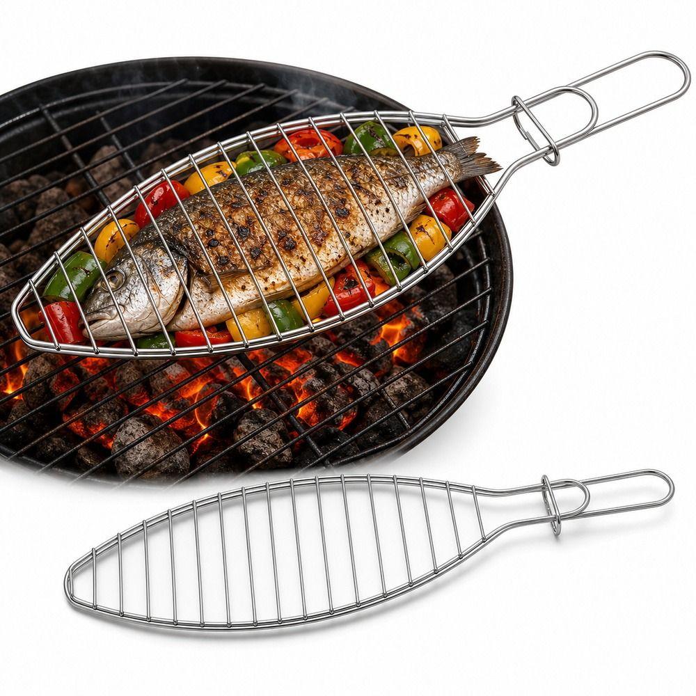 Fish-Shaped Iron Fish Grill Rack Wire Grid Long Handle Fish Grill Basket Easy Clean Sliding Lock BBQ Grill Clip