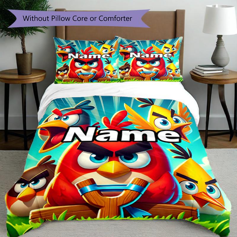 3pcs Duvet Cover Set (1*Duvet Cover + 2*Pillowcase, Without Core), Custom Name Angry Birds Pattern Bedding Set, Home Bedroom Decor Gift