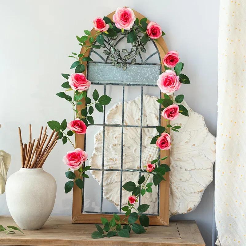 

1.9m Simulation Flowers Vines Silk Roses Green Plant Restaurant Decor Artificial Flower Vine Pink Red Rose Wedding Decoration рожевий червоний колір
