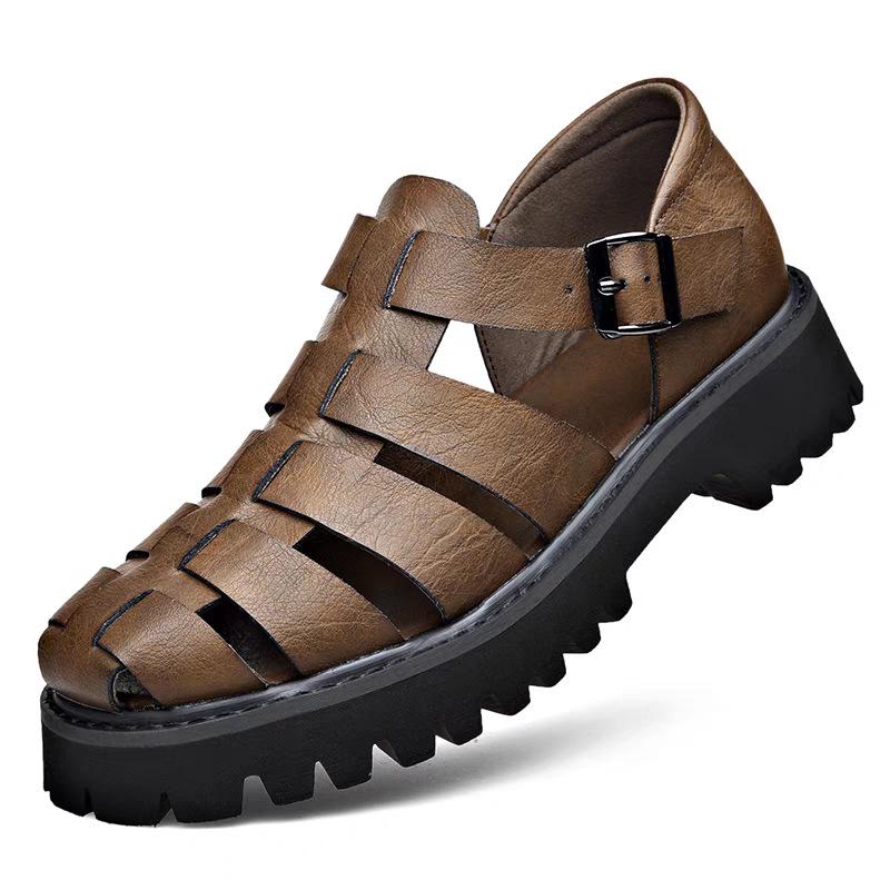 Men's Retro Leather Slip-On Sandals - Cool, Breathable, Lightweight Shoes with Thick Sole & Buckle