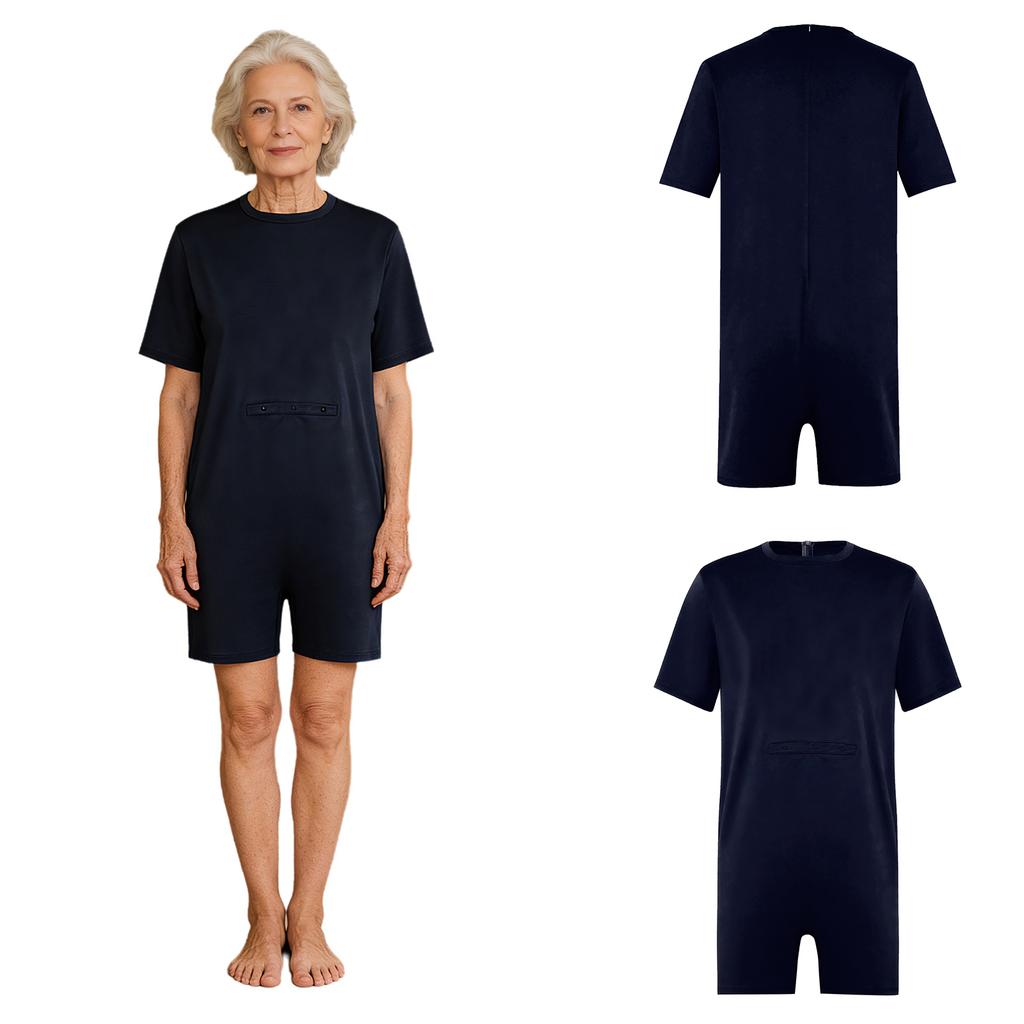 Women’s Special Needs Adaptive Romper Short Sleeve Shorts Bottom Back Zipper Bodysuit with Feeding Tube Access for Daily Care