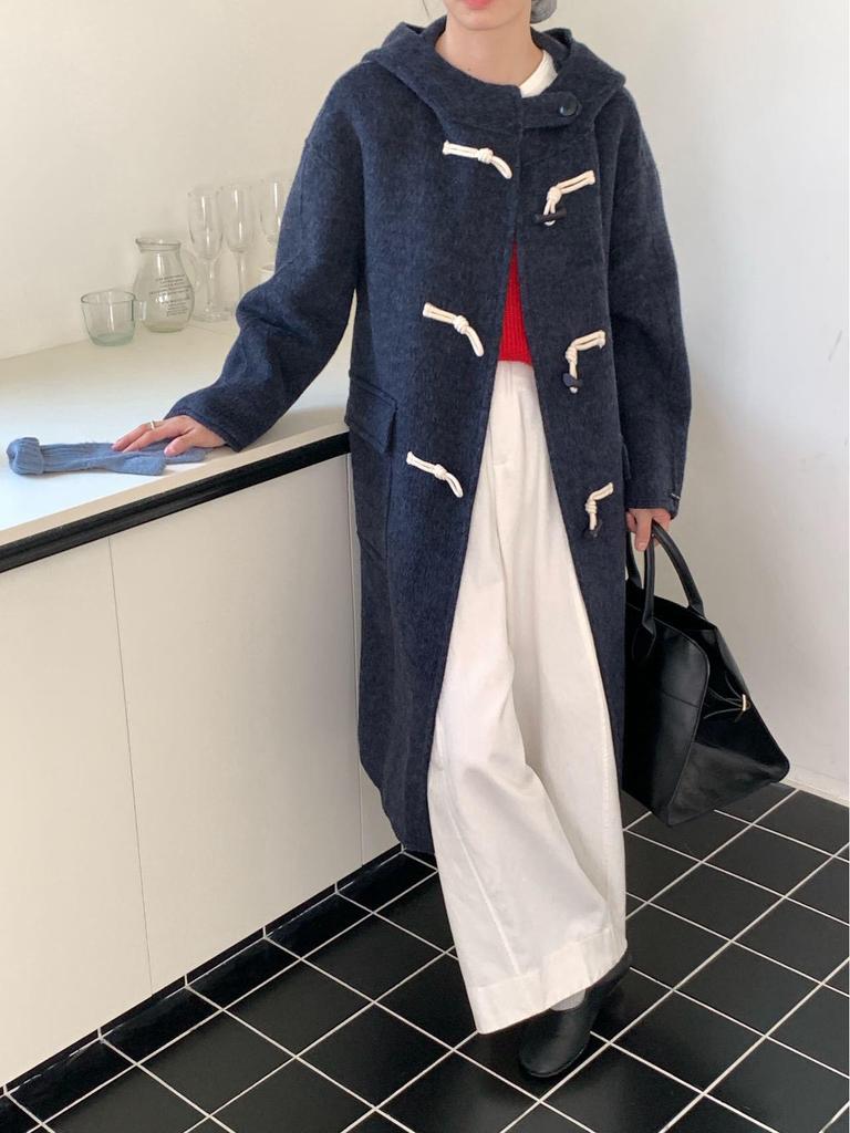 Korean Style Hooded Wool Coat: Women's Mid-Length Double-Faced Cashmere Overcoat with Toggle Buttons for a Slimming Autumn Look