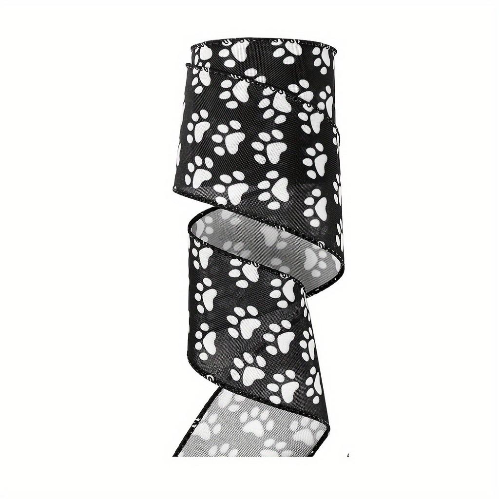 

Highquality Satin White Ribbon Adorned With Black Paw Prints Ideal For Creative Crafts Petthemed Black White Paws