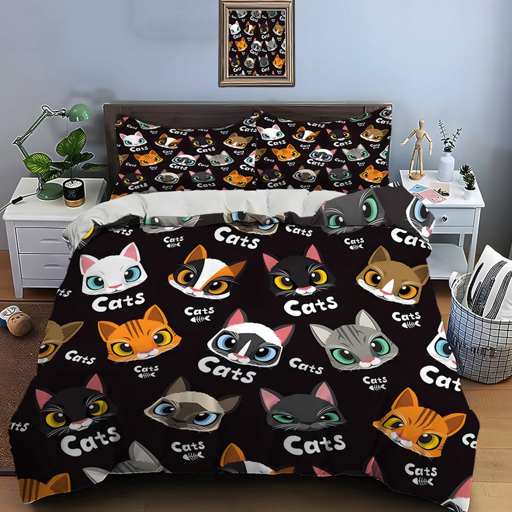 Cartoon cat head pattern background Print Bedding Set 1 Duvet Cover 2 Pillowcases for Adult and Children Luxury Gift Full Size