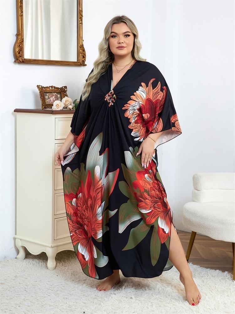 Plus Size Women Kaftan House Robe Bohemian Printing V Neck Homewear Beach Wear Bathing Suit Cover Up