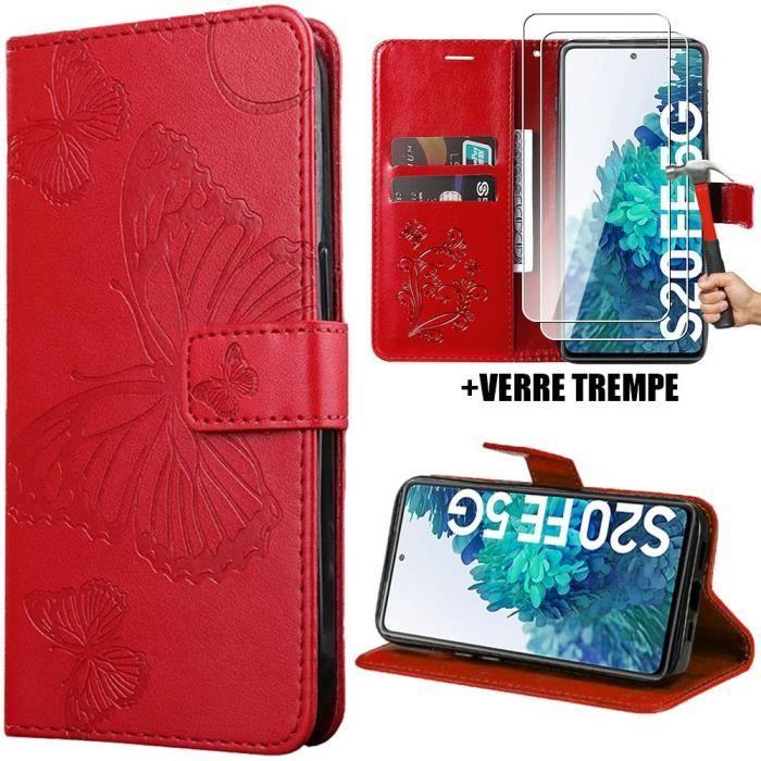 Coque et Verres Trempés - BOOLING - pour Samsung Galaxy S20 FE - Cuir PU Rouge - Motif Papillon - Mode Support Vidéo