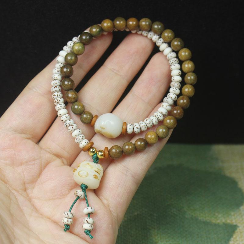 Green Sandalwood 6mm & Star Moon Bodhi Double Layer Bracelet with Cat Pendant, Forest Style Wrist Jewelry