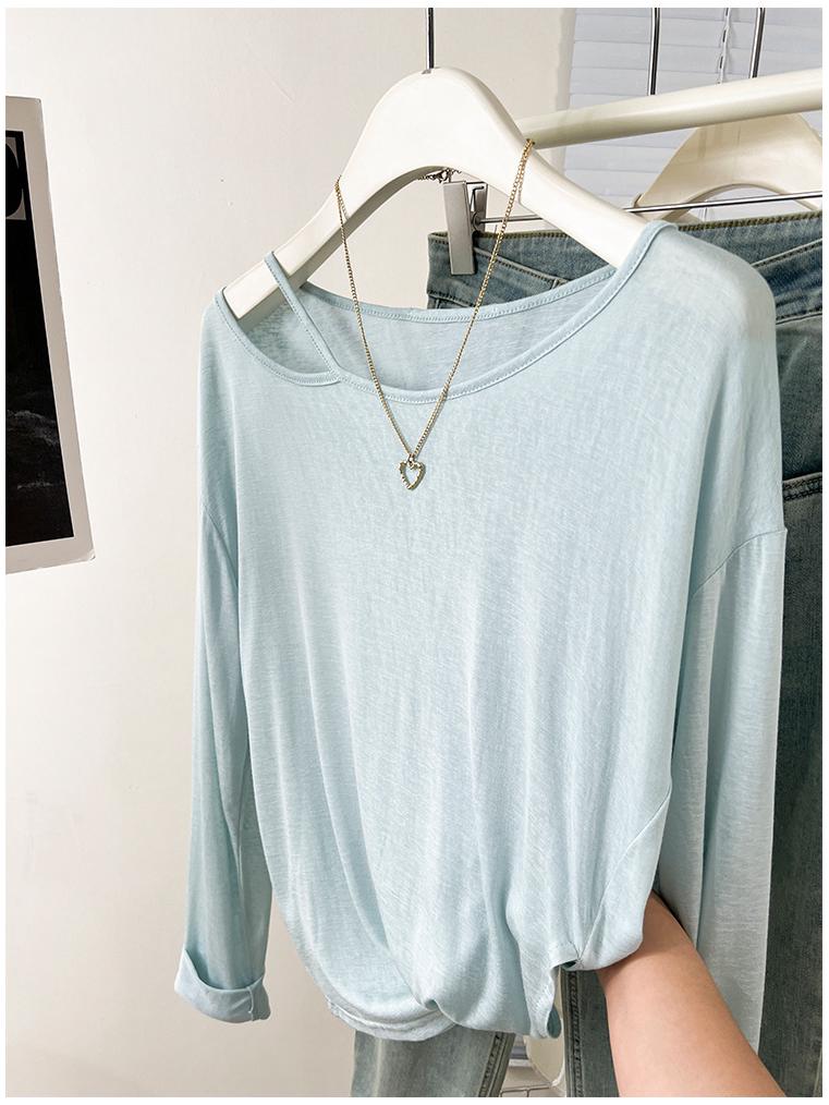 Women's Blue Off-the-Shoulder Sun Protection Long-Sleeve T-Shirt, Summer Loose Fit Cover-Up Top