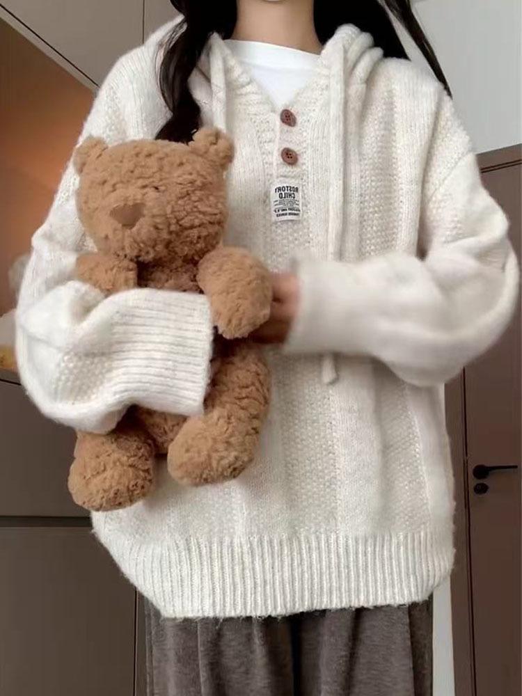 White Hooded Women's Sweater - Autumn/Winter 2025 Korean Lazy Style Wool Knit Top