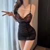 Sexy Underwear Hot Deep V Perspective Suspender Nightdress, Pearl Chain Imperial Sister Hollow Hip Skirt Pure Desire