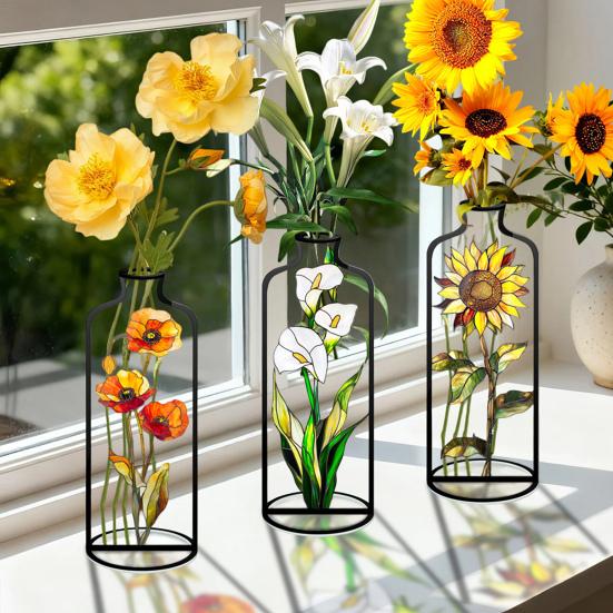 4 Pcs Wire Flower Vases Hollow Desktop Planter with Stained Glass Floral Design Hydroponic Propagation Station Flower Holder for Home Wedding Decor