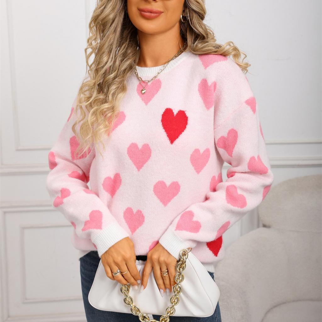 Ladies' Fashionable Heart-shaped Sweater, Loose And Versatile Valentine's Day Knitted Pullover Sweater