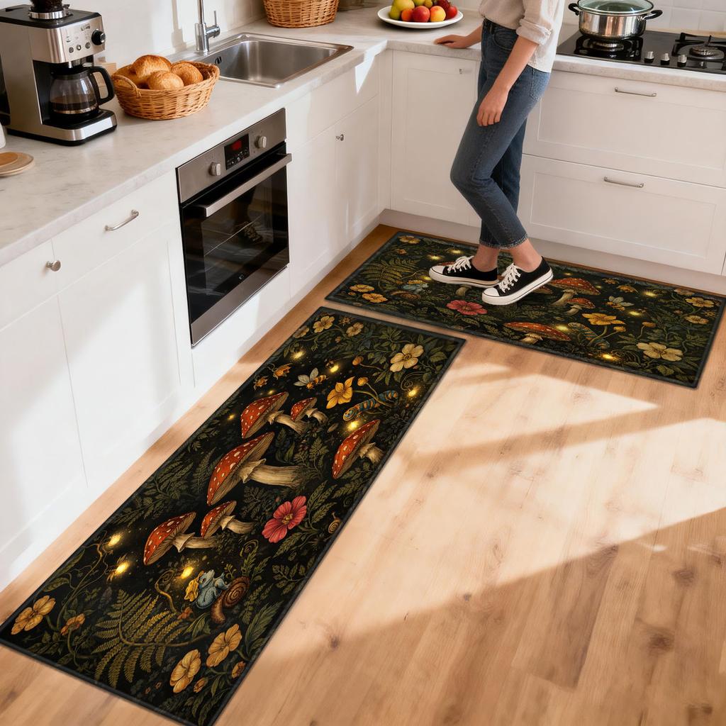 1Pcs Anti Fatigue Kitchen Rugs Firefly Mushroom Forest Print Waterproof Non Slip Thick Cushioned Mat