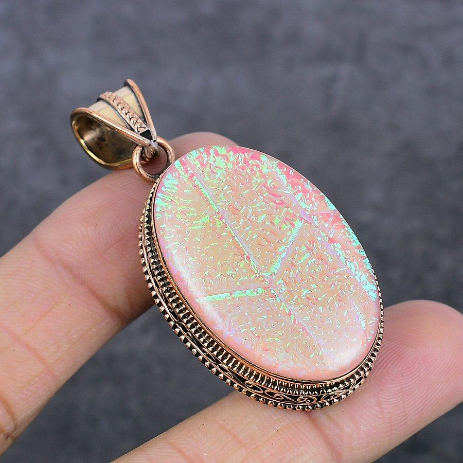 Natural Pink Triplet Opal Gemstone Handmade Copper Jewelry Pendant 2.17" C7B08