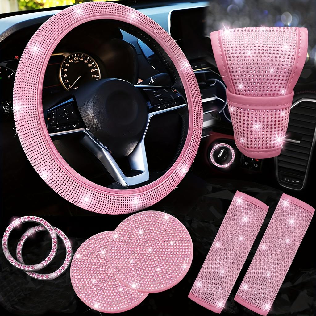 Set da 8 pezzi: Coprivolante per auto con diamanti, Copri cintura di sicurezza con strass scintillanti, Sottobicchiere per auto.
