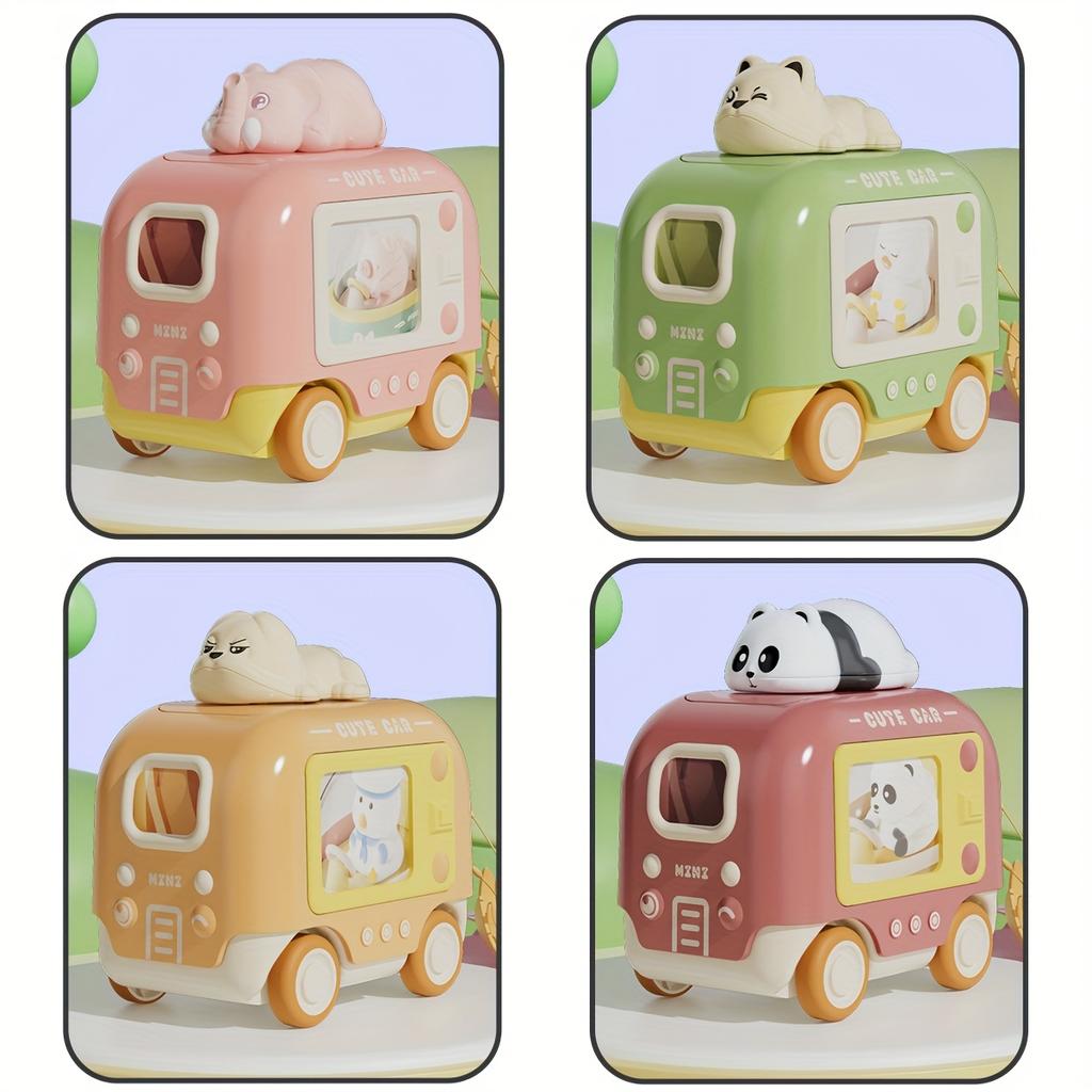 4pcs set of children's press along bus inertial car cartoon animal set, press along car toys birthday, Halloween Christmas gifts