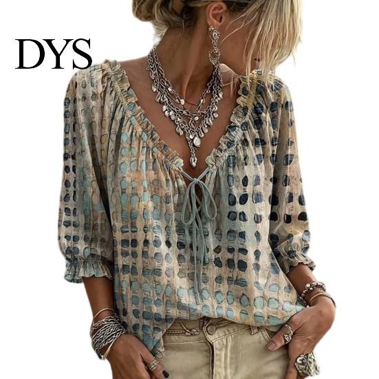 Dreiviertel Puffärmel Oberteil Damen Sommer Lässig Hemd, V-Ausschnitt Schnürung 3/4 Bluse, Kariert Boho Locker Bluse Druck Fließende Oberteile, Leicht Atmungsaktiv