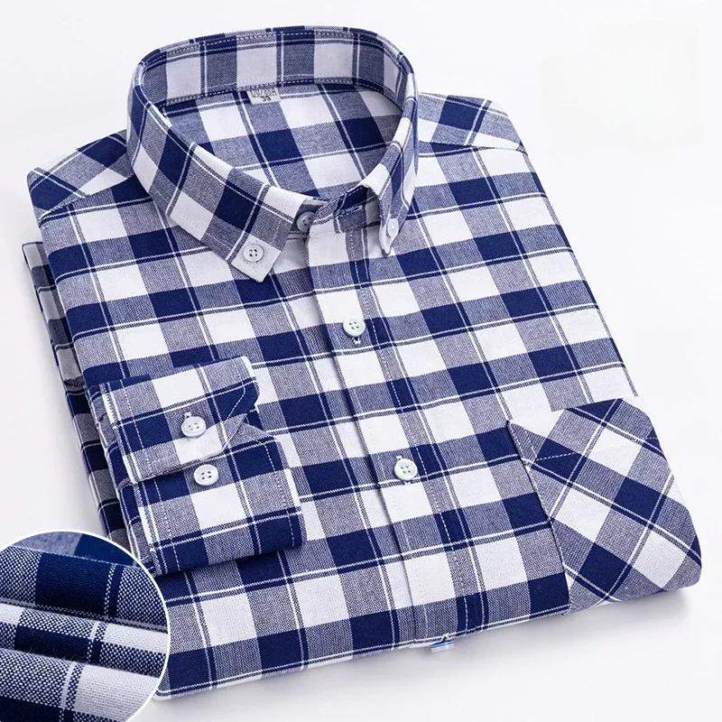 Spring and Autumn Men's Pure Cotton Long Sleeved Shirts for Middle and Youth Leisure All Cotton Oxford Plaid Plus Size Shirts