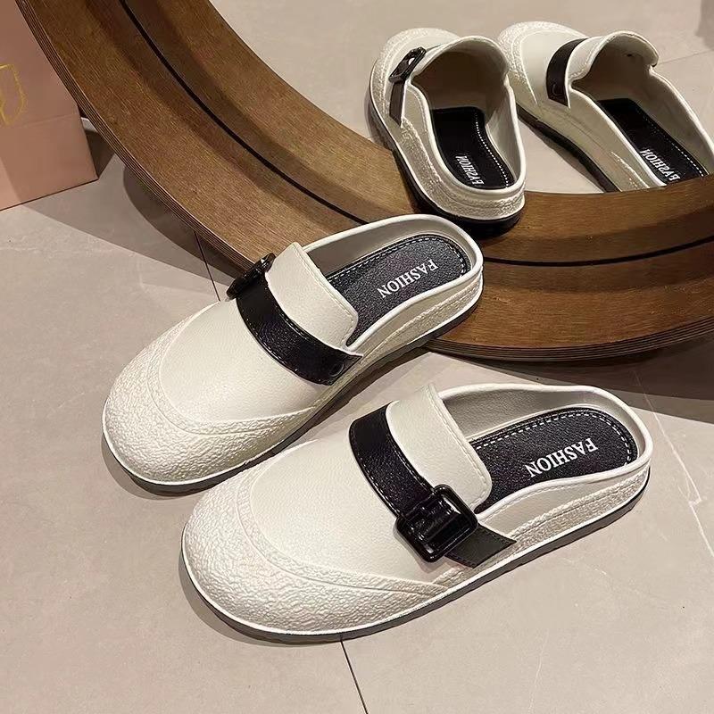 New autumn half-drag girls fashion casual flat-bottomed outer wear one pedal women's bag head sandals buckle half slippers women