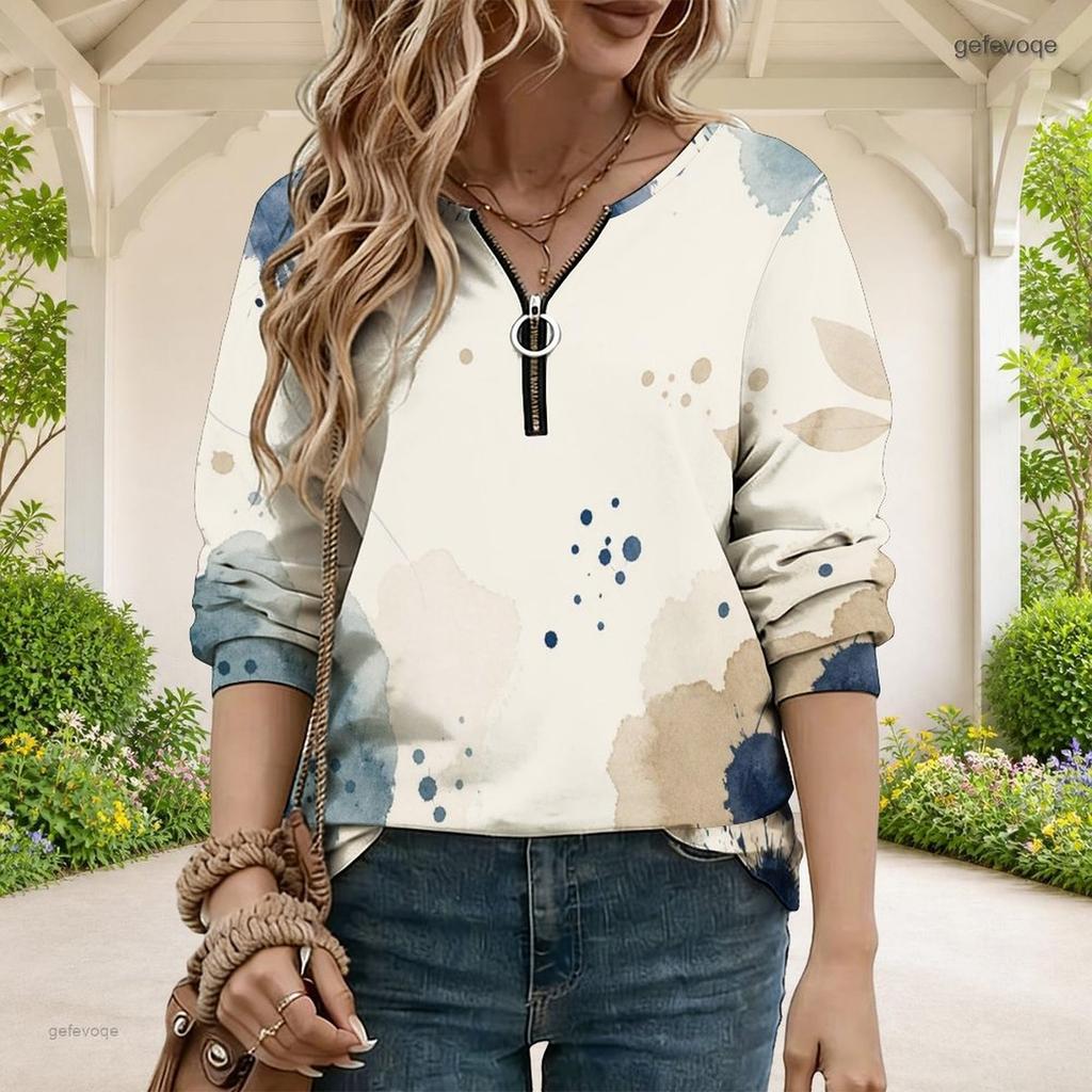 Women Plus Size V Neck Front Zip Blue Beige Watercolor Printed Long Sleeve Sweatshirt