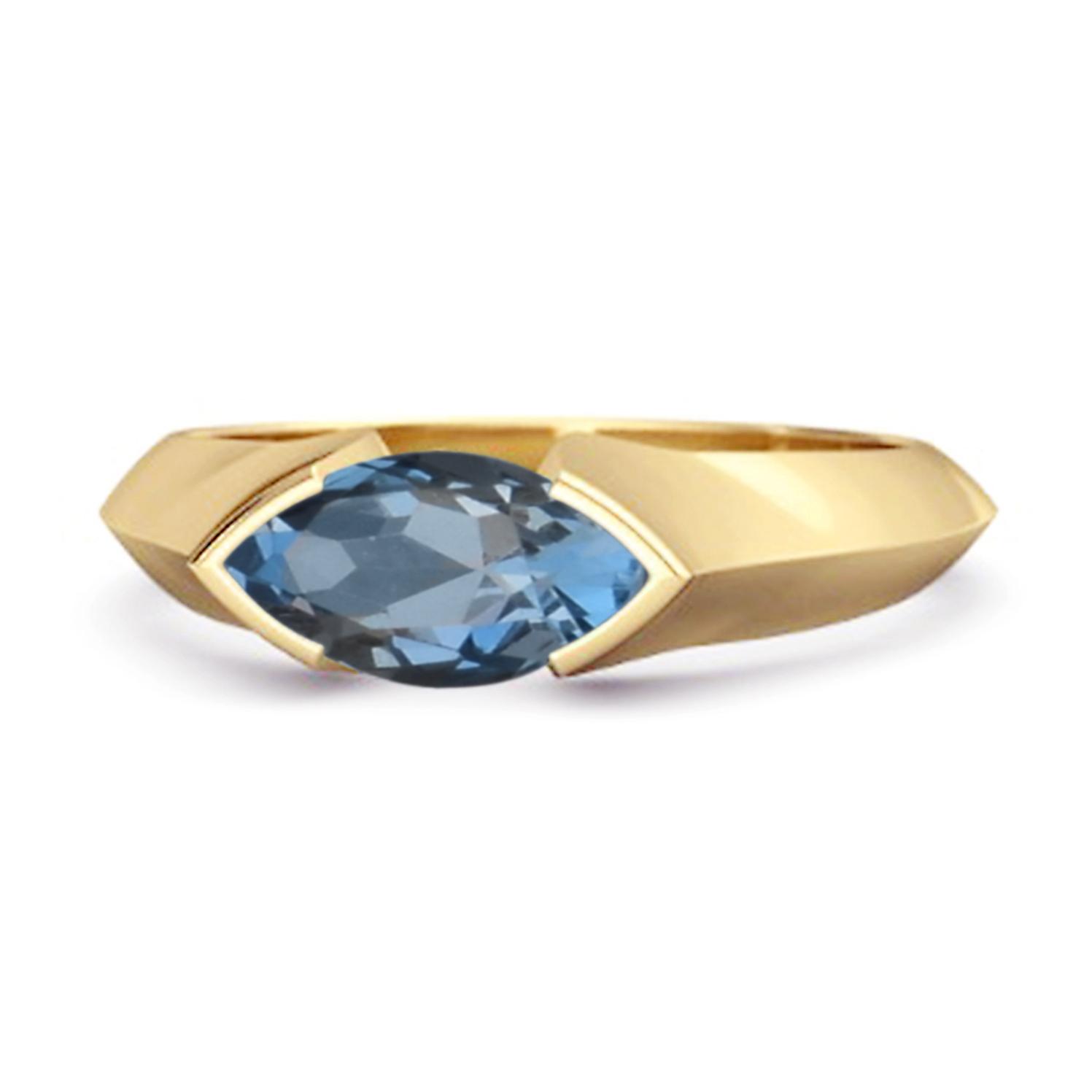 

London Blue Topaz Marquise Shape Solitaire Ring - 925 Sterling Silver Gold Vermeil 7.5 жовтий